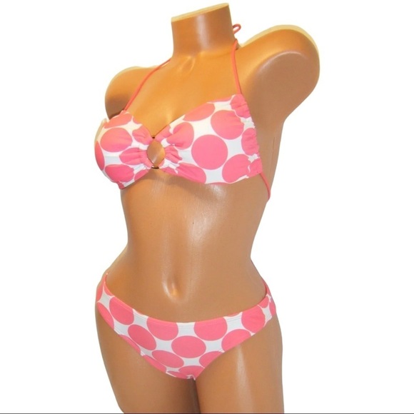 ❤️‍🔥Halter Bandeau O Ring Bikini Polka Dot Pink Swimsuit 0100 - Picture 4 of 4